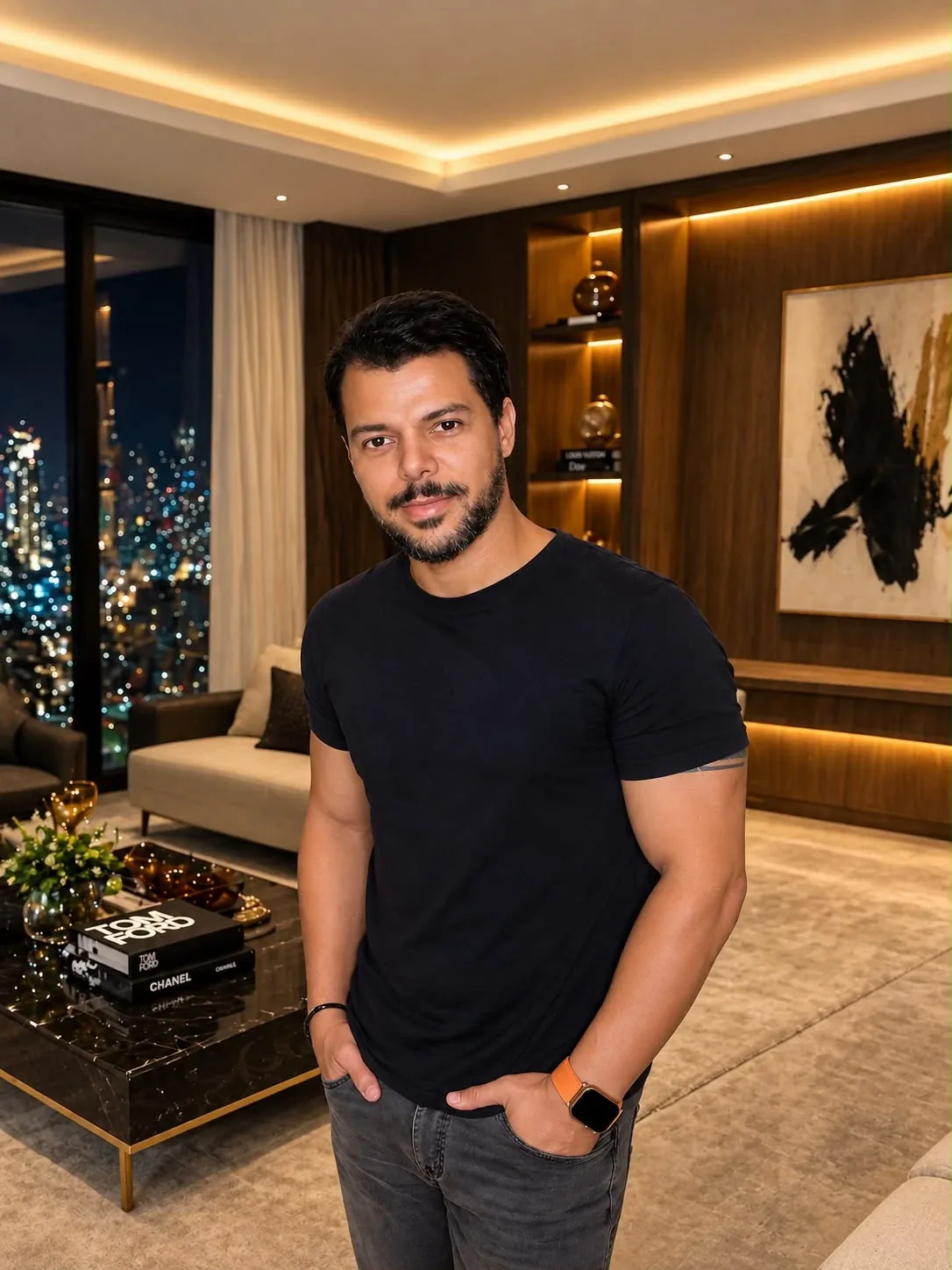 Kenio Carvalho em uma sala com painéis de madeira iluminados e vista noturna da cidade